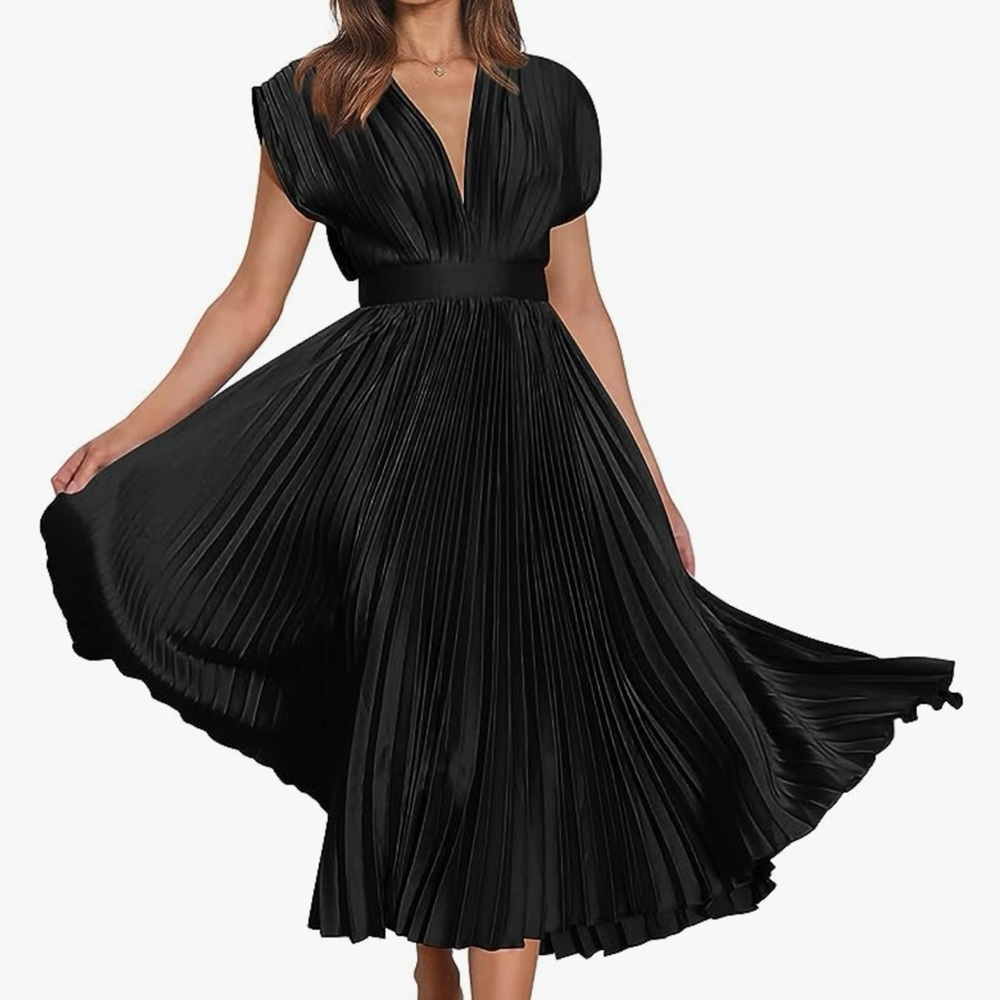 Satin V Neck Pleated Midi Dress